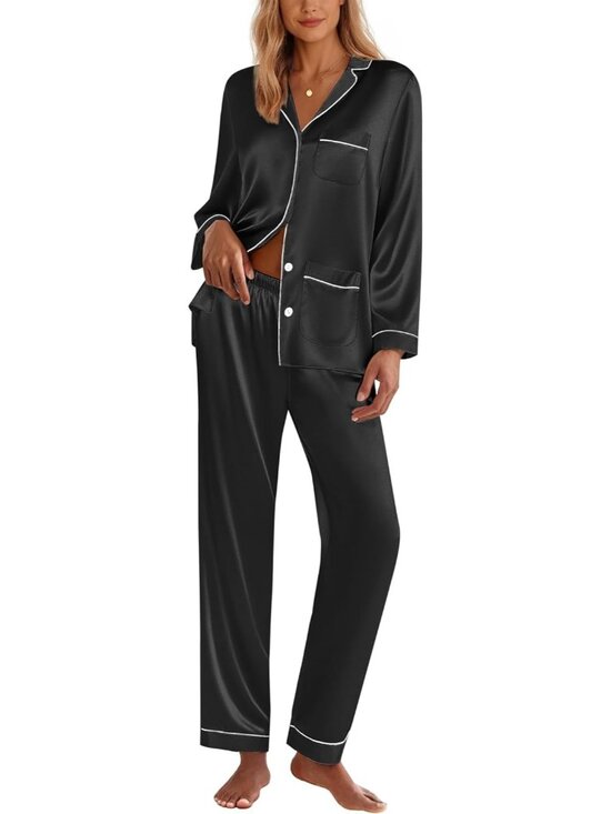 Other - Women's Black Silk Button Down Long Sleeve Sleepwear Pajama Set with Pockets